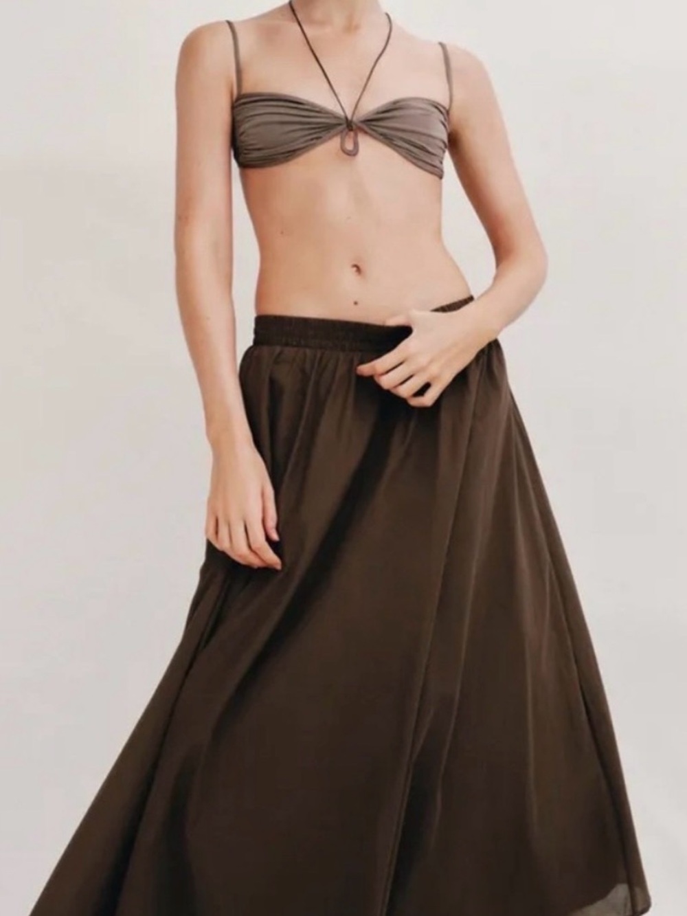 Women’s Zara Brown Elastic-Waist Midi A-line Skirt